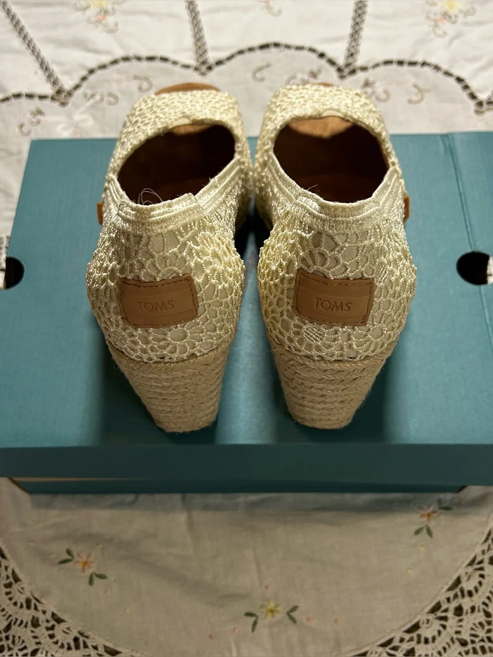 NWT TOMS Cream Crochet Wedge Peep Toe Heels